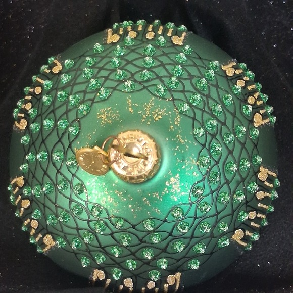 2 Vintage Dept 56 Poland Glass Ornaments Green Gold Glitter Embellished Elegant - Picture 15 of 16